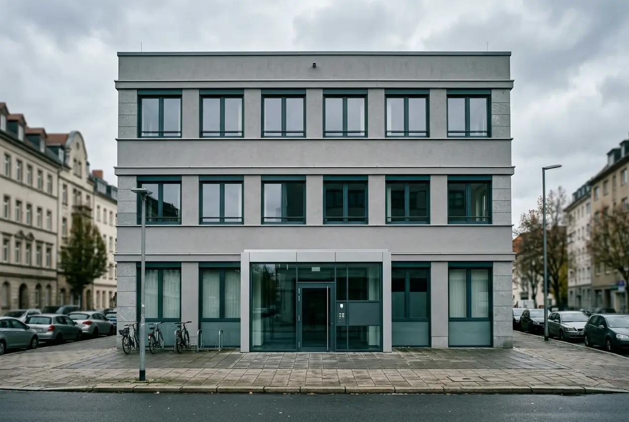 Dreistöckiges Bürohaus mit Glaseingang zwischen Altbauten